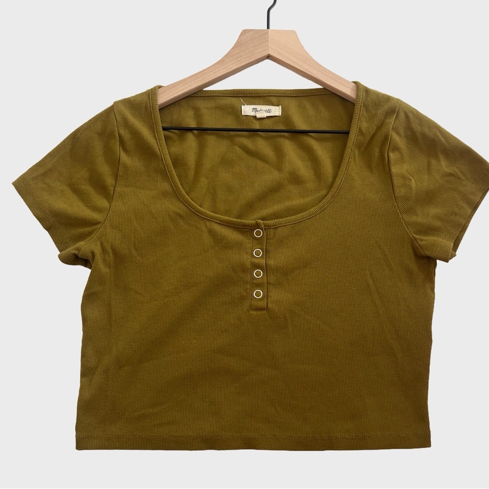 Madewell Olive Green Ribbed Cropped Henley Top Medium